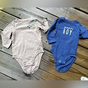 Infant Baby 9M Carter's Blue and Tan Long Sleeve Snap Closure Bodysuits